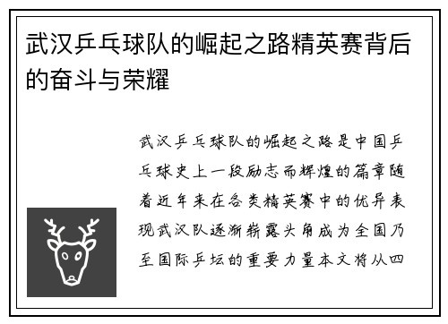 武汉乒乓球队的崛起之路精英赛背后的奋斗与荣耀