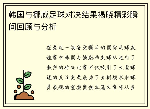 韩国与挪威足球对决结果揭晓精彩瞬间回顾与分析