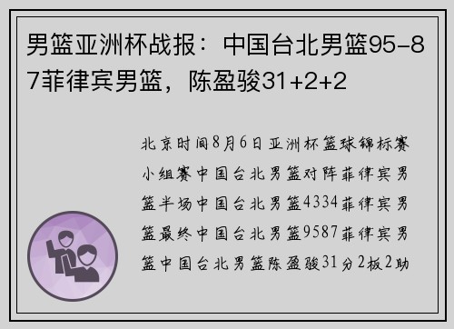 男篮亚洲杯战报：中国台北男篮95-87菲律宾男篮，陈盈骏31+2+2